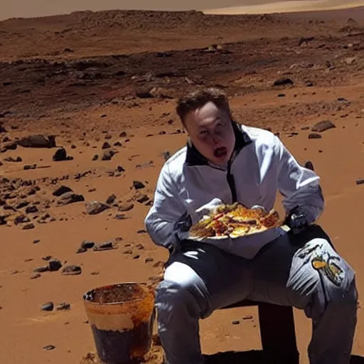 Image similar to “Elon musk eating crabs from a large bucket, on Mars”