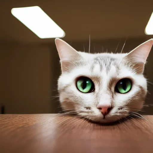 Image similar to Cat looking disappointed, on kitchen table, 40nm lens, shallow depth of field, split lighting, 4k,