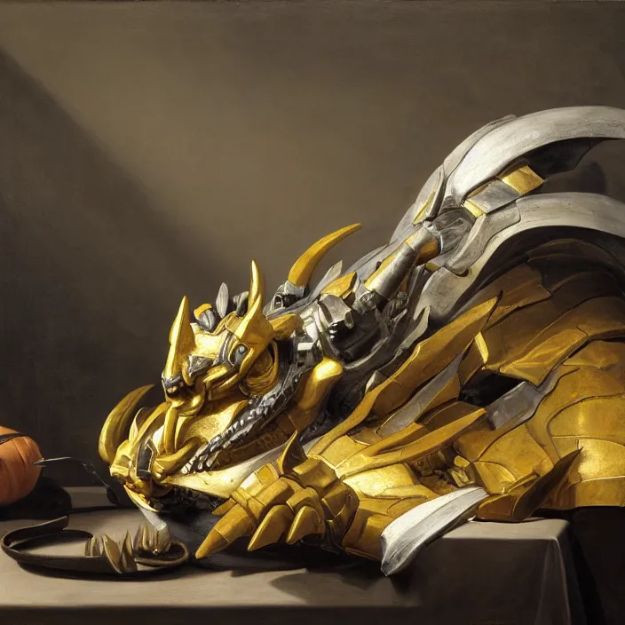 Image similar to still life painting of wargreymon by pieter claesz, oil on canvas, strong lighting, highly detailed, hyper realism, golden hour, god rays, hd, 4 k