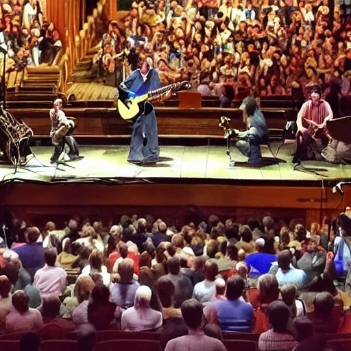 Prompt: cartoon of two lemurs and two gorillas performing music on stage at the ryman auditorium with a view of a full audience - n 4