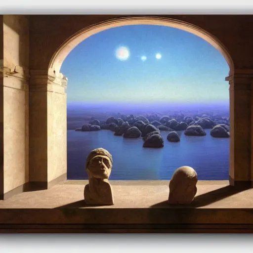 Image similar to David Ligare masterpiece, scifi nightscape, planets, hyperrealistic surrealism, award winning masterpiece with incredible details, epic stunning, infinity pool, a surreal vaporwave liminal space, highly detailed, trending on ArtStation, broken giant marble head statue ruins, calming, meditative