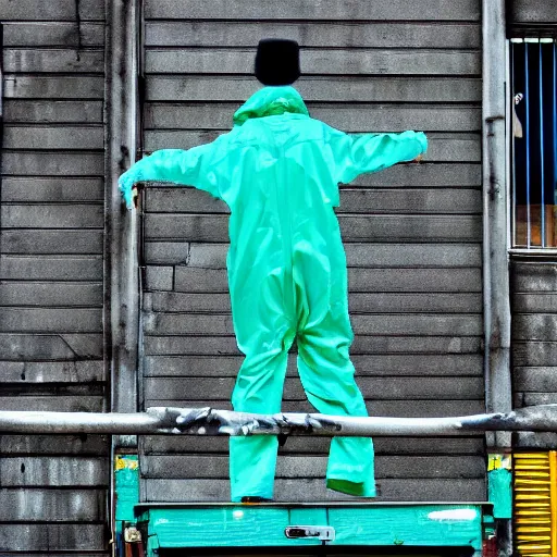 Image similar to Humanoid teal squid standing on two legs wearing yellow raincoat jumping of the edge of a dock in a city that is overwatched by a eye in a hand