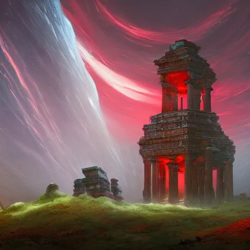 Image similar to red ancient temple, green hills, star trails, dramatic lighting, artstation, matte painting, caspar david friedrich, simon stalenhag