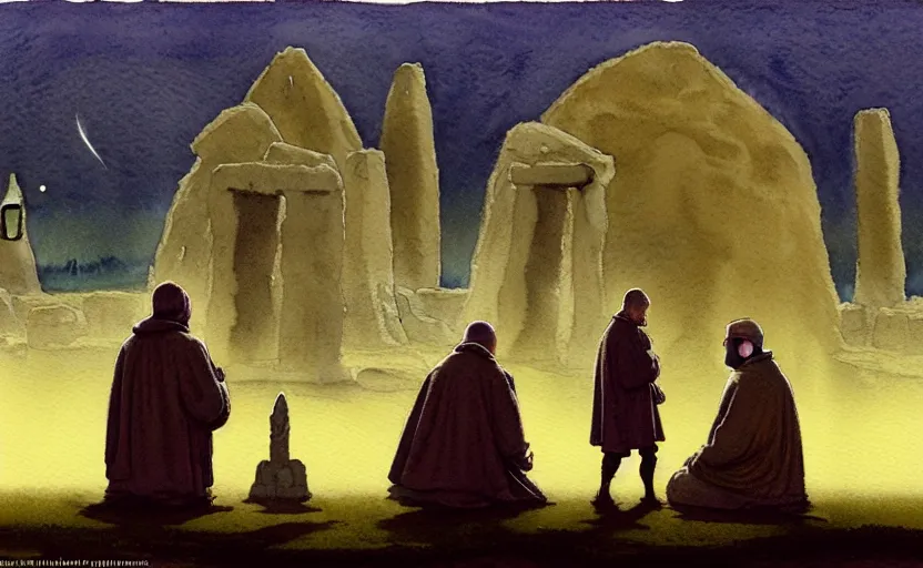 Image similar to a hyperrealist watercolour character concept art portrait of one small grey medieval monk and another giant orange medieval monk kneeling down in prayer in front of a complete stonehenge monument on a misty night. a ufo is in the sky. by rebecca guay, michael kaluta, charles vess and jean moebius giraud