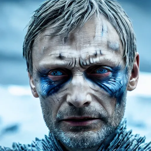 Image similar to Mads Mikkelsen as the Night King, close up, stoic, cold