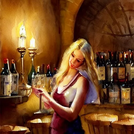 Image similar to hot blonde in a wine cellar, food, pork, beer, schnapps, rustic, traditional, torches on the wall, watercolor by vladimir volegov, highly detailed, masterpiece