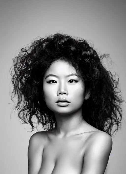 Prompt: a portrait of a topless asian woman by justin ridler, beautiful, elegant, big curly hair, face in the style of irakli nadar,