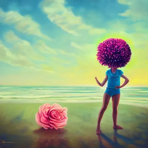 Image similar to portrait, giant rose flower head, girl dancing at the beach, surreal photography, sunrise, blue sky, dramatic light, impressionist painting, digital painting, artstation, simon stalenhag