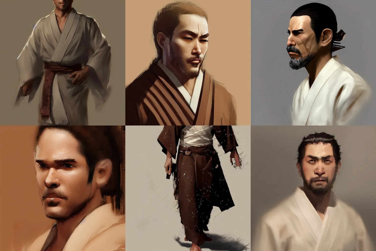 Prompt: man of average build. Light skin and medium wavy brown hair swept over his ears. Some light stubble on his face. He wears a white yukata and carries a katana. Craig Mullins. Portrait. featured on artstation