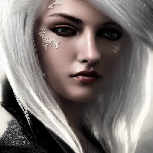 Image similar to highly detailed portrait of beautiful white haired girl, wearing a black jacket, very beautiful face, very detailed eyes, intricate, cgsociety, cinematic studio lighting