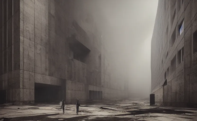 Image similar to Brutalist architecture buildings, gloomy and foggy atmosphere, octane render, artstation trending, horror scene, highly detailded