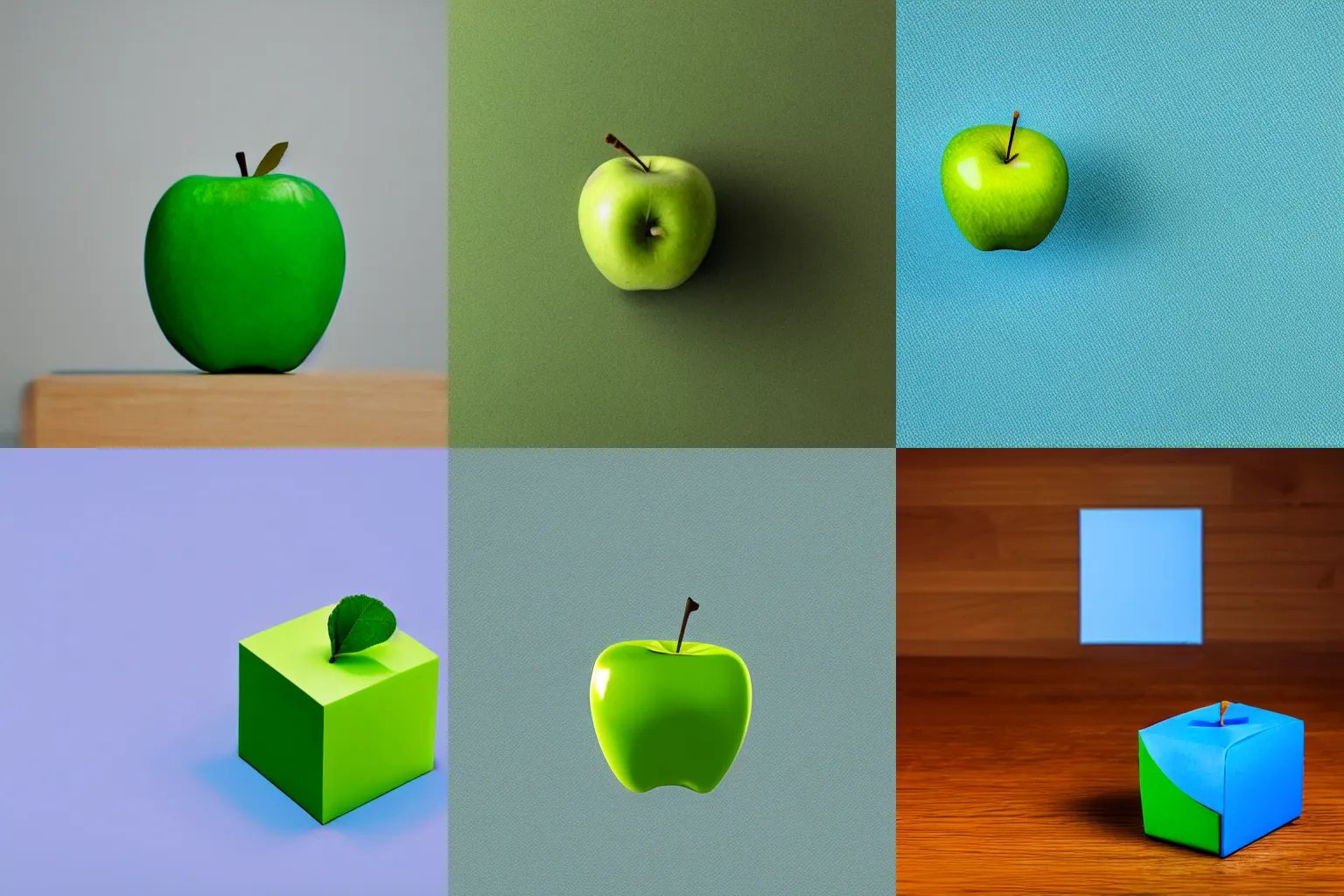 Prompt: studio shot of green apple shaped like a cube, isometric perspective, blue background
