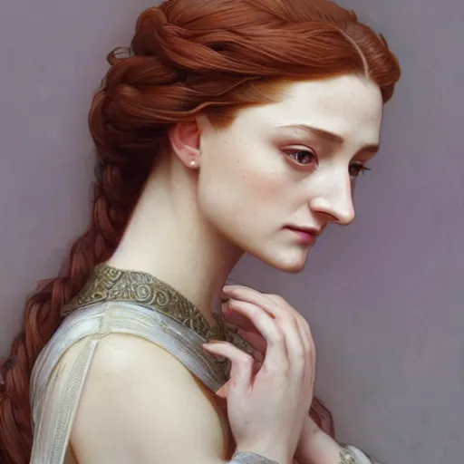 Image similar to portrait of beautiful sansa stark, intricate, elegant, highly detailed, digital painting, artstation, concept art, smooth, sharp focus, illustration, art by artgerm and greg rutkowski and alphonse mucha and william - adolphe bouguereau