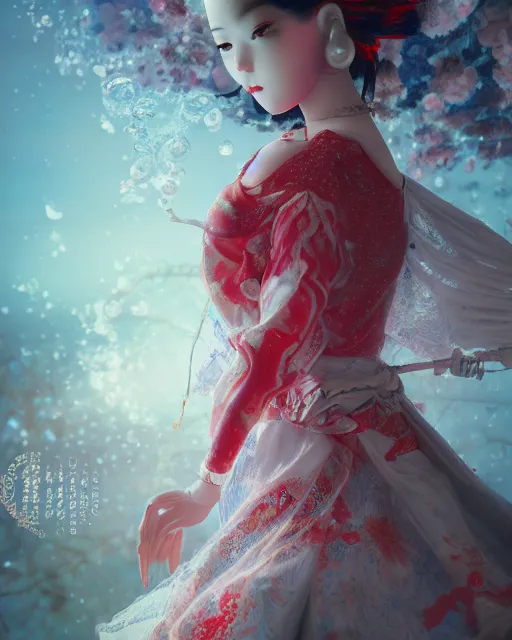 Image similar to detailed photo of pearl japanese doll, beautiful clothes, innocent, elegant red dress, 8 k, by tristan eaton, stanley artgermm, tom bagshaw, greg rutkowski, carne griffiths, trending on deviantart, hyper detailed, glorious lighting, epic environment