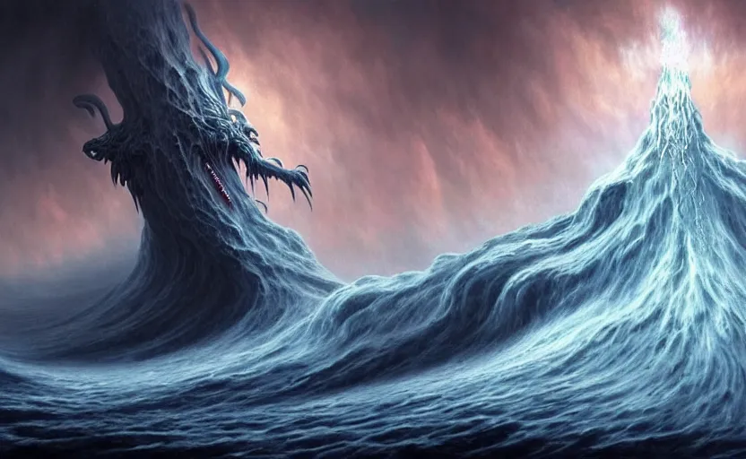 Image similar to beautiful digital fantasy illustration of a demon holding a staff!!, hellish background, a giant wave in the sky, apocalypse art!!!!, apocalypse landscape!!!!!, lovecraftian!!, cosmic horror!!!, concept art by Jarosław Jaśnikowski, a detailed matte painting by Dan Luvisi, cgsociety, fantasy art, highly detailed, soft lighting, rendered in octane, masterpiece, very very very aesthetic