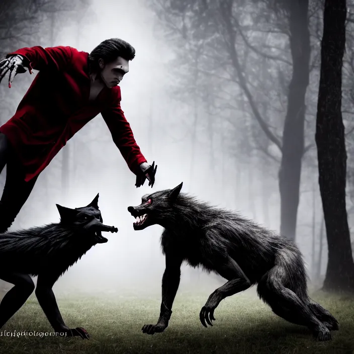 Image similar to photograph of a real-life beautiful vampire confronting a werewolf. 8k