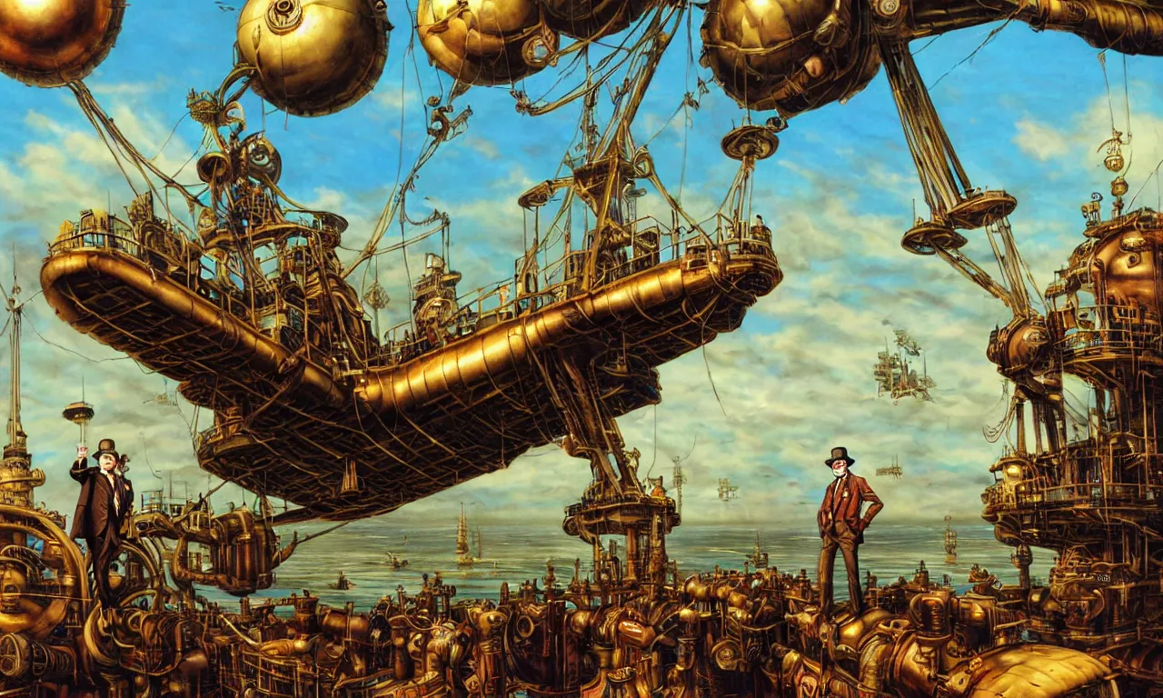Image similar to close up of a gentleman navigator standing on deck of his steampunk airship flying over a vast ocean of a very large language model, observing giant flying robot harvesters collecting data relations in the background, painted by josh kirby, ligne claire, very detailed and colorful, low light