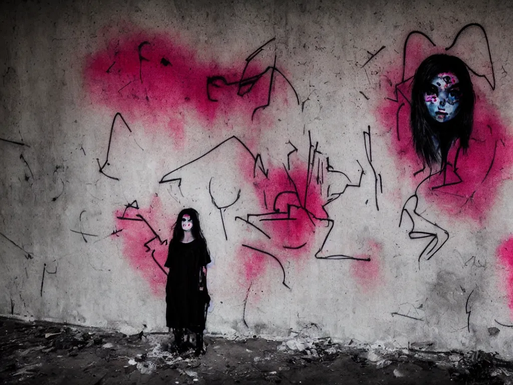 Prompt: graffiti in an abandoned bunker, cute fumo plush gothic black enigmatic maiden girl painted in spilt red ink and washed watercolor, neon light, avant garde pop art, filmic, daylight, captured on canon eos r 6