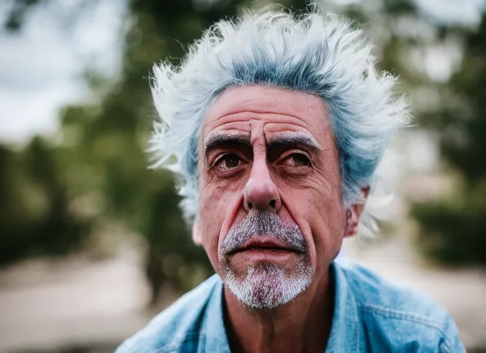 Image similar to portrait photo still of real life rick sanchez, 8 k, 8 5 mm, f. 1 4