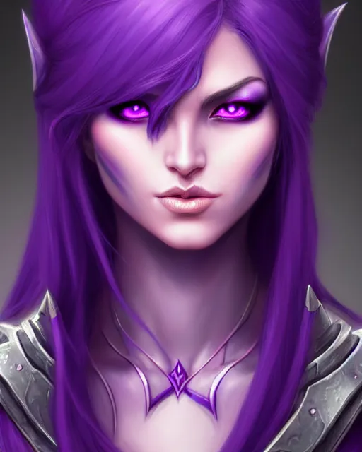 Image similar to character concepta beautiful and strong purple female warrior night elf | | cute - fine - face, world of warcraft, pretty face, realistic shaded perfect face, fine details by stanley artgerm lau, wlop, rossdraws, james jean, andrei riabovitchev, marc simonetti, and sakimichan, trending on artstation