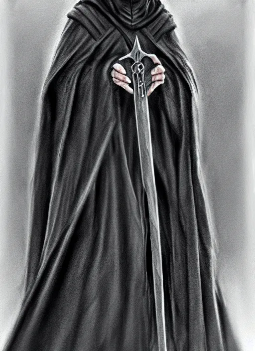 Image similar to pencil ultradetailed painting of the necromancer, wearing a black cloak, crisp