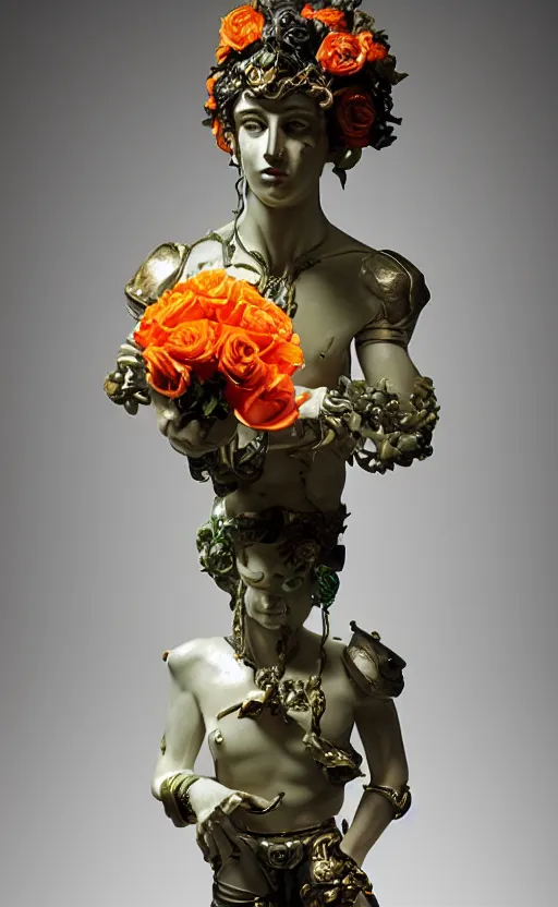 Image similar to a young handsome latino porcelain prince sculpture with a face of a CRT monitor and a large glowing orange crystal in the center of his chest, full-body bronze cyberpunk style statue of Andromeda with glowing green laser eyes, crown of mechanical roses, flowing aqua silk, fabric, steampunk flowers. baroque elements, human hands. full-length view. baroque element. intricate artwork by caravaggio. many flying horses on background. Trending on artstation, octane render, cinematic lighting from the right, hyper realism, octane render, 8k, depth of field, 3D