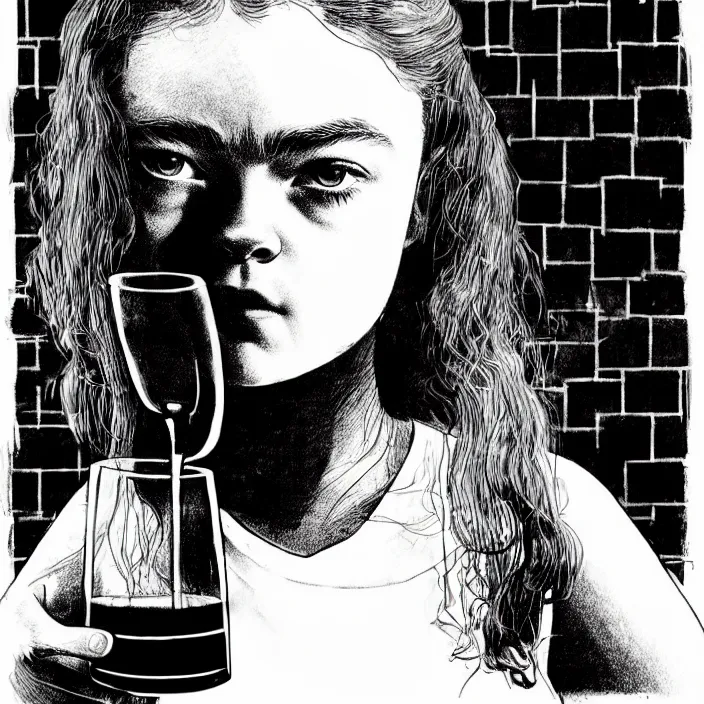 Prompt: extreme close - up on sadie sink as a miner lifts a glass of water. background : black tiles on walls. black and white, pencil and ink. by gabriel hardman, joe alves, chris bonura. cinematic atmosphere, detailed and intricate, perfect anatomy