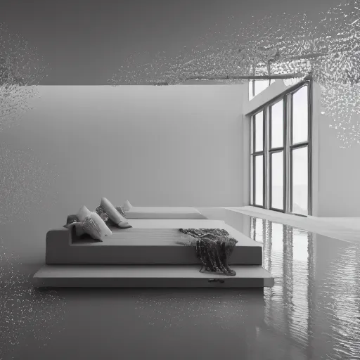 Image similar to villa architecture fluid design, chantal matar well-defined style, monochromatic, natural lighting, volumetric lighting, generative art nebula, cinematic, photo realistic, hyper real, surreal design, flow everywhere, walls made of crystal clear water, droplets on the walls, 8k