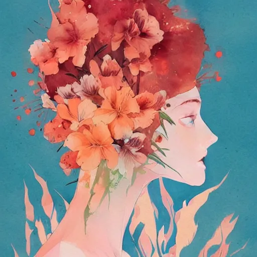 Image similar to watercolor painting by conrad roset, flowers growing out, cgsociety, artstation