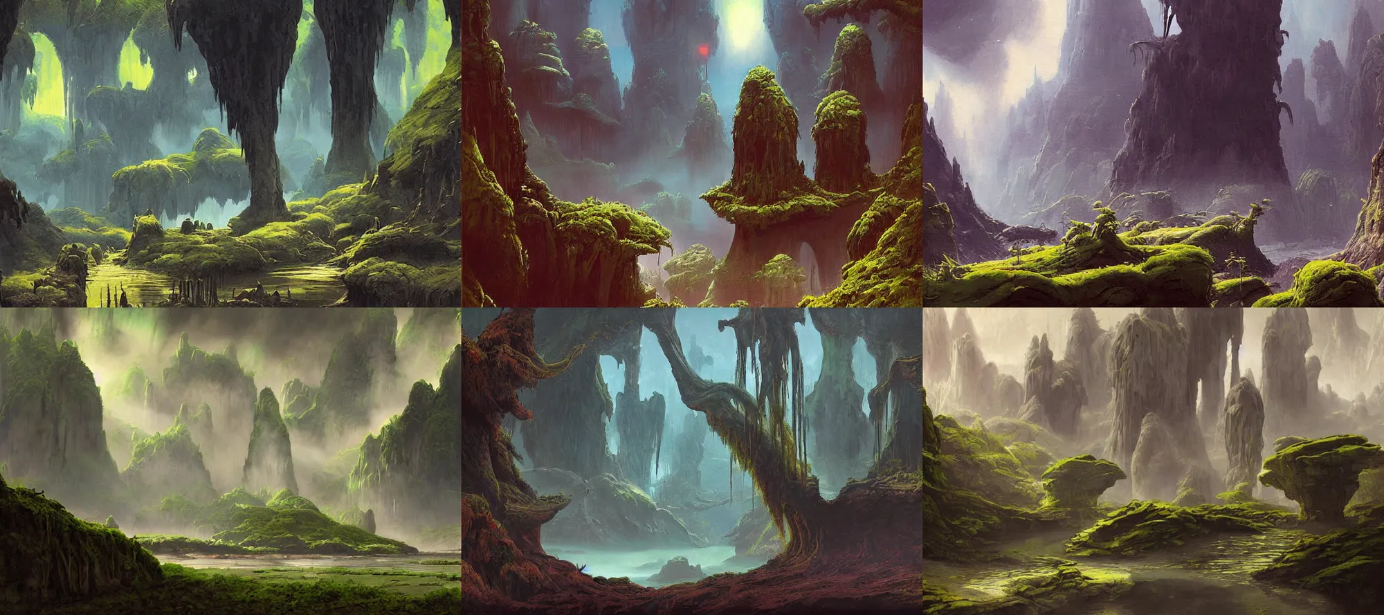 Prompt: A Dagobah landscape in the style of Dr. Seuss, starships, painting by Raphael Lacoste