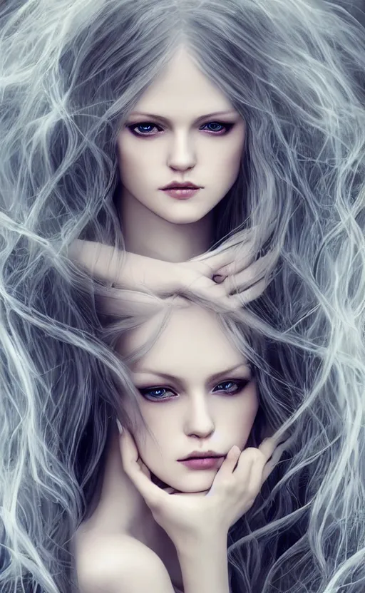 Image similar to a beautiful woman glossy porcelain skin albino, 8 k, sensual, hyperrealistic, hyperdetailed, beautiful face symmetrical, long white hair windy, dark fantasy, fantasy portrait by laura sava