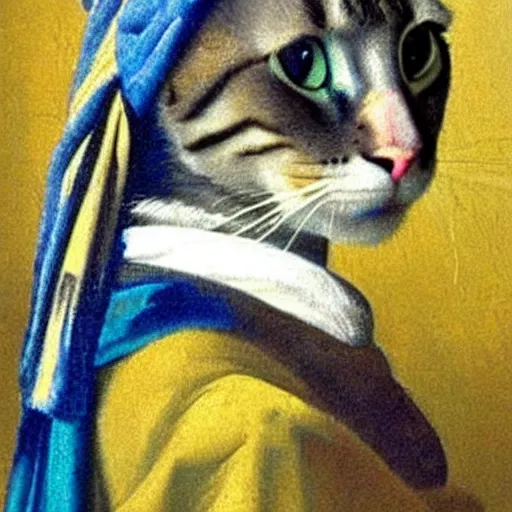 Prompt: oil in canvas of a cat with a pearl earring by johannes vermeer, masterpiece