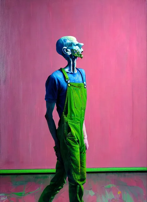 Image similar to an insane, skinny, artist wearing overalls, expressive painting the walls inside a grand messy studio, depth of field, hauntingly surreal, highly detailed painting by francis bacon, edward hopper, adrian ghenie, glenn brown, and james jean, soft light 4 k in pink, green and blue colour palette, cinematic composition,