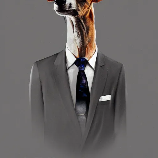 Image similar to painting of a greyhound in a suit, splash art, cinematic lighting, octane render, 35mm film grain