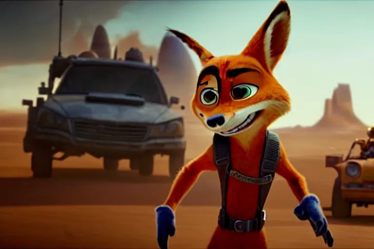 Image similar to nick wilde ( from zootopia ), heavily armed and armored facing down armageddon in a dark and gritty reboot from the makers of mad max : fury road