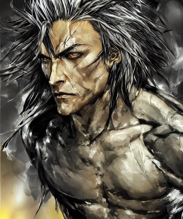 Image similar to man with sharp features, yellow eyes, and long silver hair that spikes upward in two large prongs, lean muscular build, collaborative artwork by greg ruthowski, yoshikata amano, yoji shinkawa!!, artstation, highly detailed, clear face