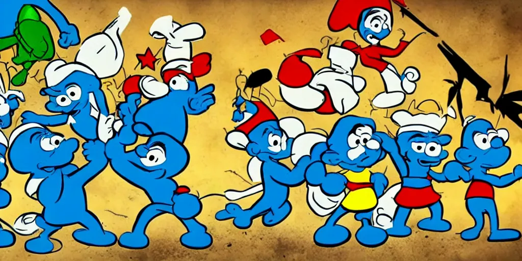 Image similar to the smurfs in the avengers, animation, hanna barbera style