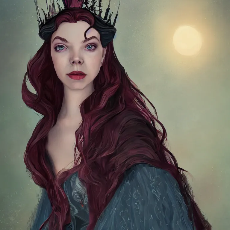 Prompt: anya taylor joy as the wicked queen in sleeping beauty, fantasy, artstation, smooth, illustration