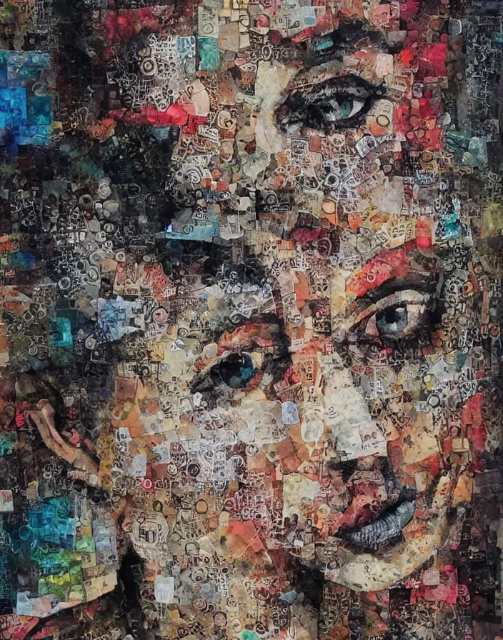Image similar to deja vu detailed mixed media collage with canvas texture, conteporary art, punk art, realistic face, photorealistic, expressionism, masterpiece, perfect composition, spectacular quality, intricate oil details