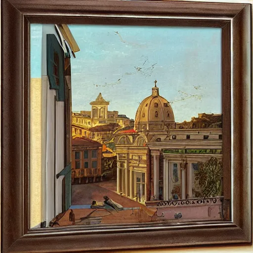 Prompt: the view of a cafe breakfast, buildings in rome by martinus rørbye