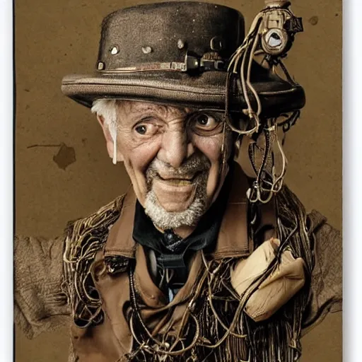 Prompt: Old wrinkled man being surprised in steampunk outfit, attached to wires. Dark, intricate, highly detailed, smooth, in style of Stanislav Vovchuk