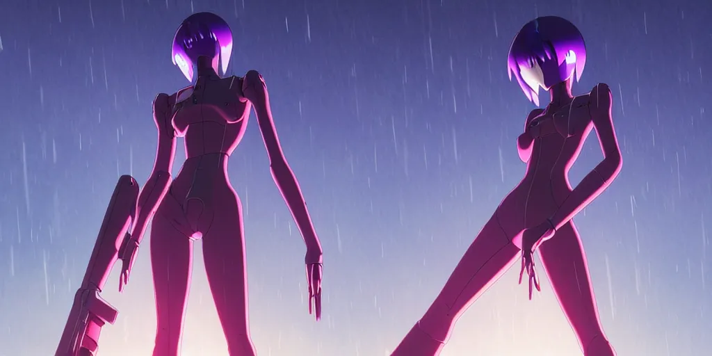 Image similar to twilight lighting, moody, atmospheric, solarpunk, eva - 0 1 from evangelion on a hill, rainy, in the art style of neon genesis : evangelion, by ghibli studio and victor ngai, ghost in the shell art style, akira artstyle, pixar highly detailed, 8 k h 5 7 6