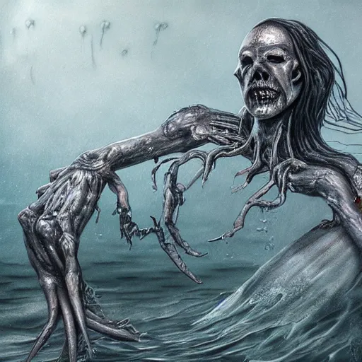 Image similar to creepy humanoid merfolk monster, slimy, wet, disturbing, long fingers, crawling up from shallow water, realistic, atmospheric, highly detailed, illustration, painting, concept art, scary