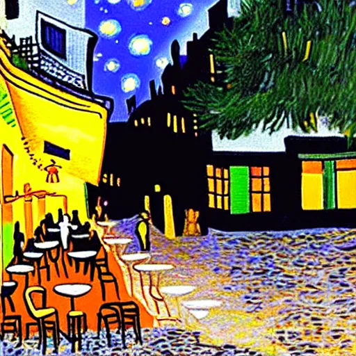 Prompt: a rabbit having a glass of wine at Café Terrace at Night, van gogh style