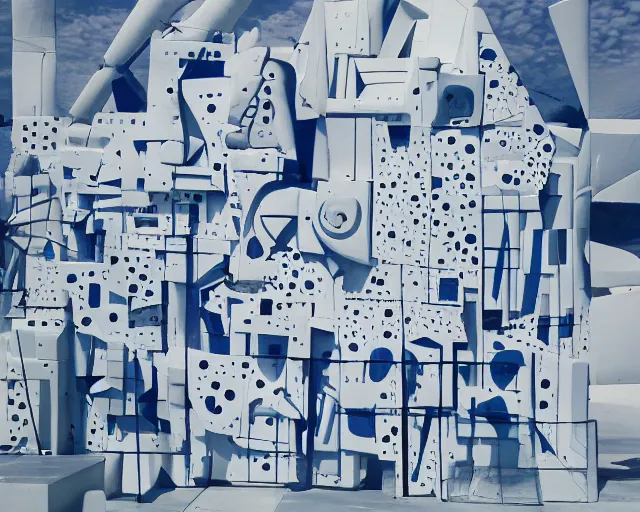 Prompt: photo of minimalist abstract cubist sculpture of blue hills with random white mecha mayan decorations, covered with few large white airplane parts