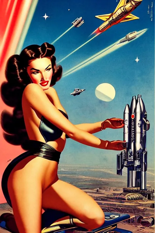 Image similar to beautiful retro space megan fox varga girl sitting on a rocket in diesel punk city, windblown dark hair, retro pinup model, seductive, 1 9 4 0, glamour pose, intricate, smoke, hyper detailed, digital art, smooth, sharp focus, alberto vargas, gil elvgren, greg rutkowski, propaganda poster