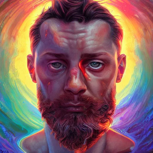 Image similar to melted zeus starring into the camera, fixed eyes, lightning, colorful, surreal, dramatic lighting, face, detailed, intricate, elegant, highly detailed, digital painting, artstation, chalk, concept art, smooth, sharp focus, illustration, art by sam spratt, dan mumford, artem demura and alphonse mucha