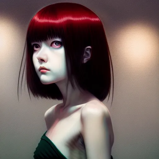 Image similar to look at me by junji ito, green red black blue eyes and long black hair by junji ito, painted by junji ito, rtx reflections, octane render 1 2 8 k, extreme high intricate details by wlop, digital anime art by ross tran, wide shot, composition by tom bagshaw, lighting by wlop