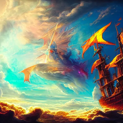 Image similar to majestical ship with a dragon flying above, beautiful composition, wide angle, colorful, cinematic, volumetric lighting, intricate details painting