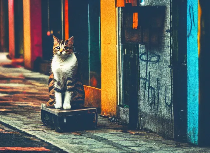 Image similar to photography of a Cat sitting on a box. in a cyberpunk street, award winning photo, saturated, colored, colors, 100mm, sharp, high res